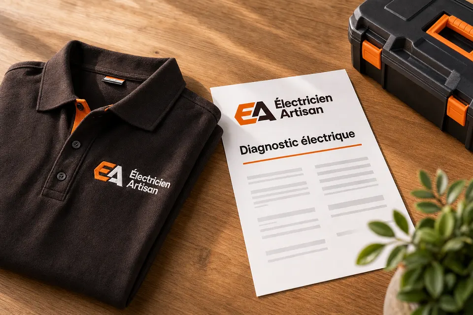 Polo, rapport de diagnostic électrique et mallette aux couleurs d'Électricien Artisan
